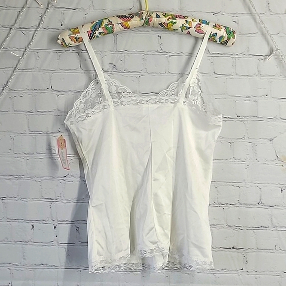🆕️NWT Vintage 90s White Satin Floral Lace USA Made Adjustable Straps Tank Top S - Picture 8 of 15